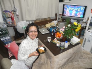 Good times in our kotatsu. This is very Japanese..and we decided to set this up during winter ...such a nice area to sit, underneath a warm light and in front of the TV, eating cake and mikan and watching the end of year NHK song contest. This is the Japanese life.